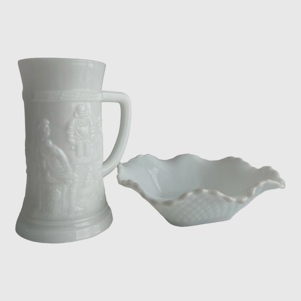 Vintage Milk Glass Candy Nuts Dish & Beer Mug USA